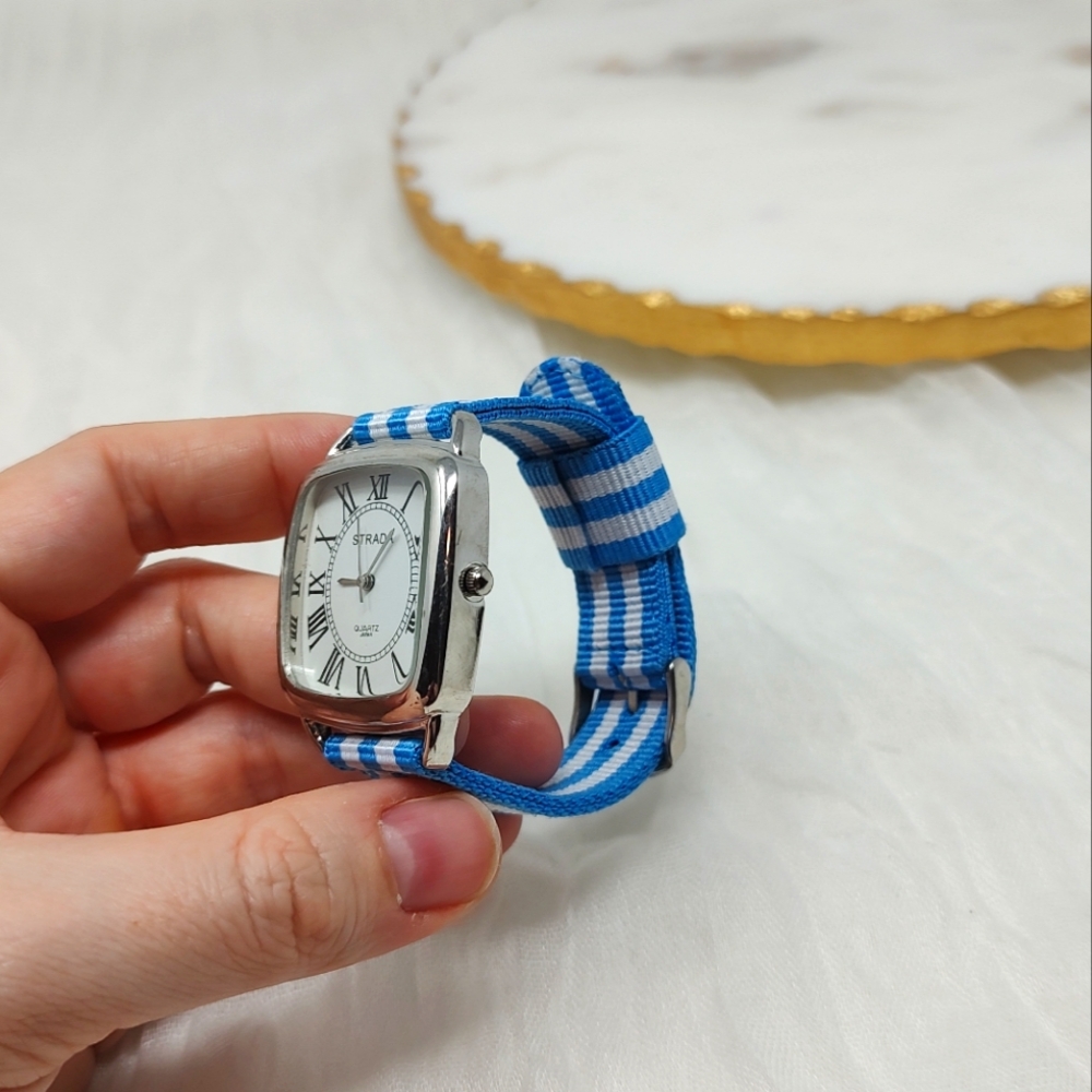 Strada blue and white striped fabric band watch silver tone frame around face - Picture 2 of 8